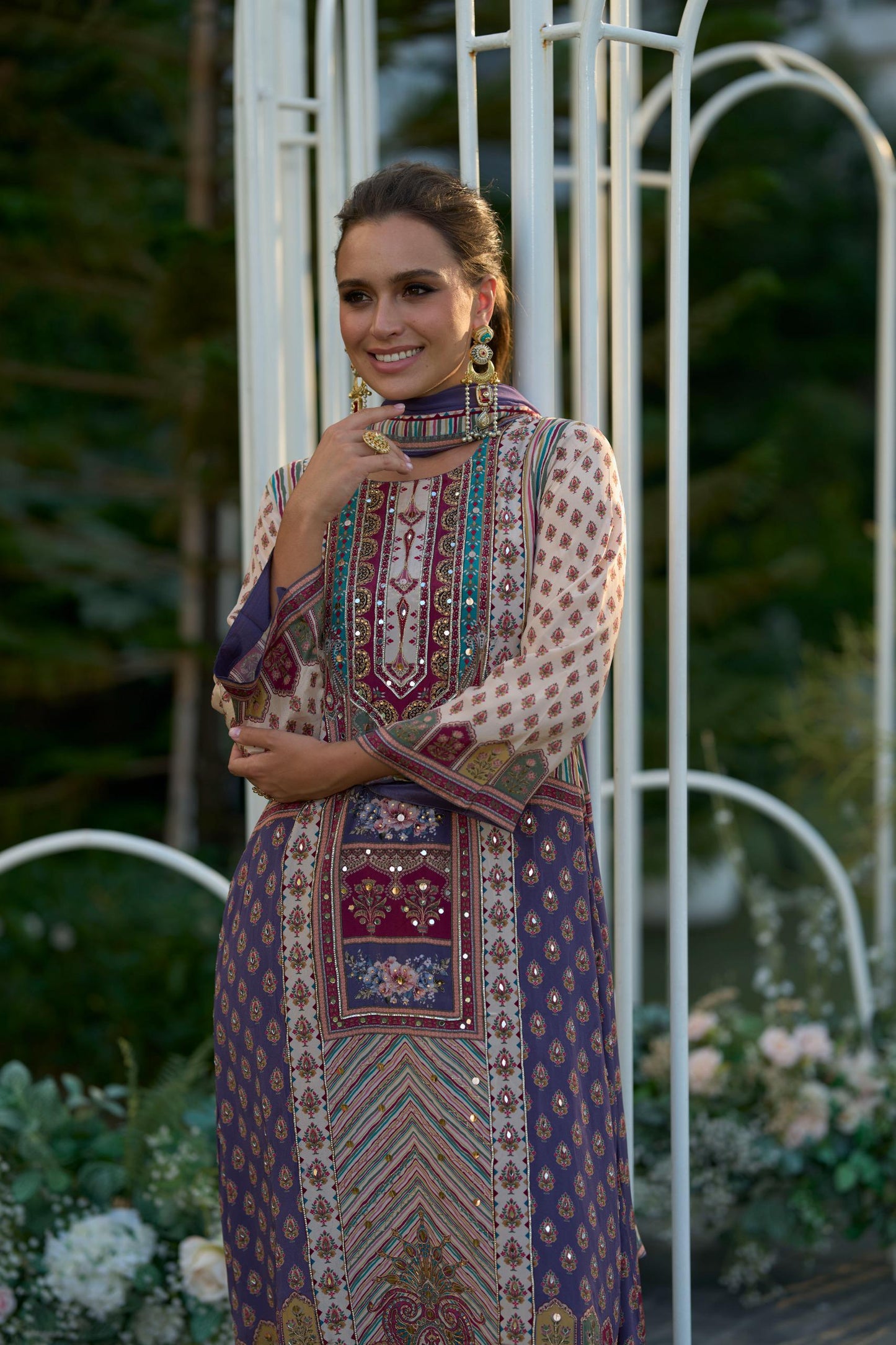Position printed A line kurta set- violet