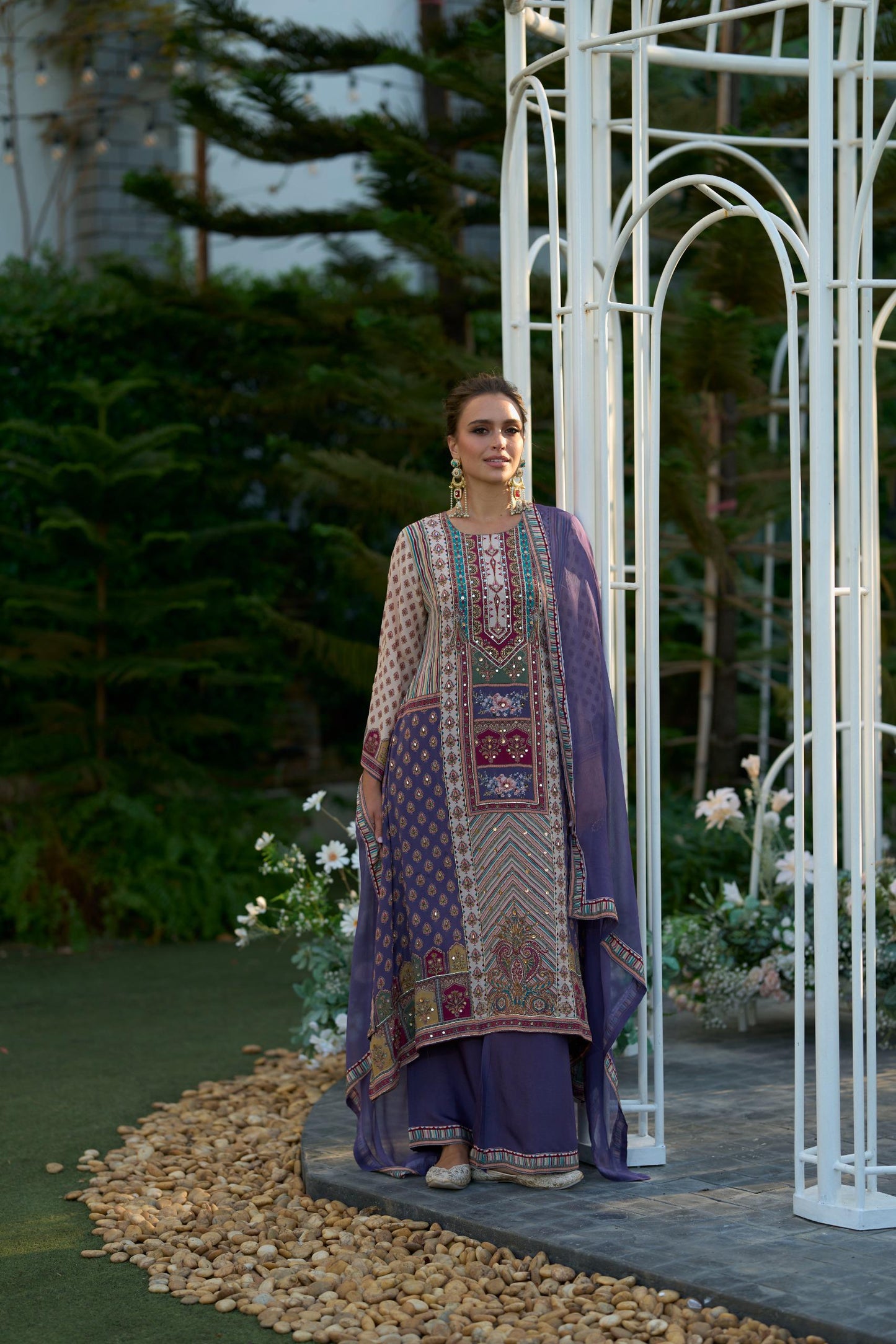 Position printed A line kurta set- violet