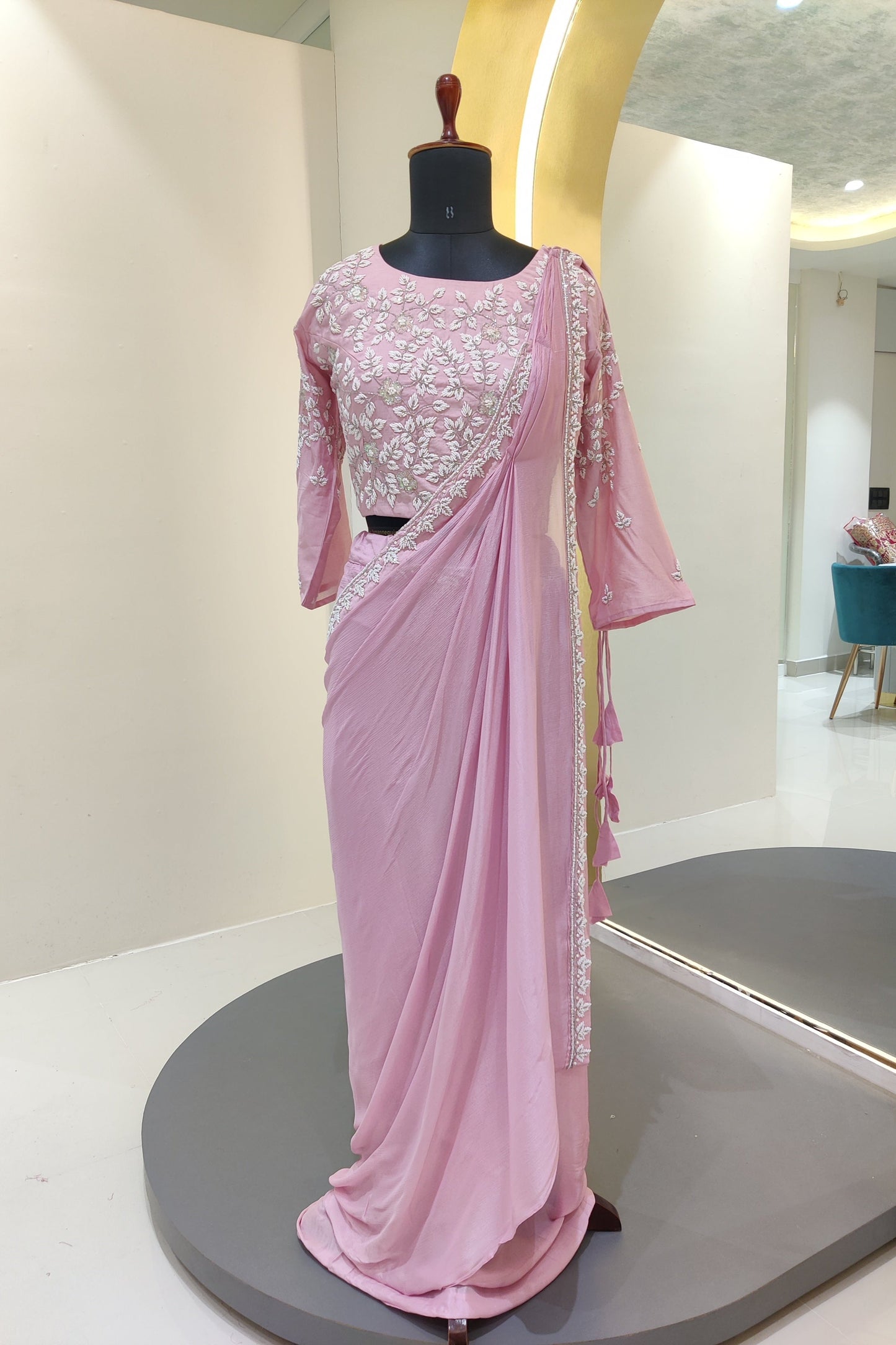 Drape style saree with pearl work