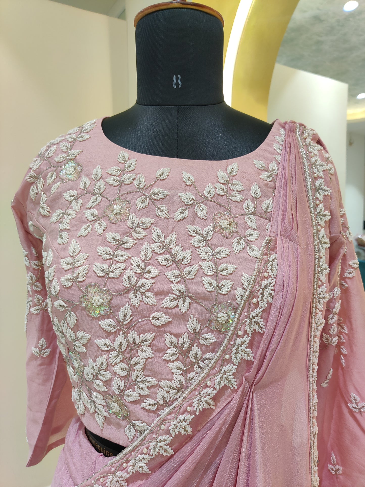 Drape style saree with pearl work