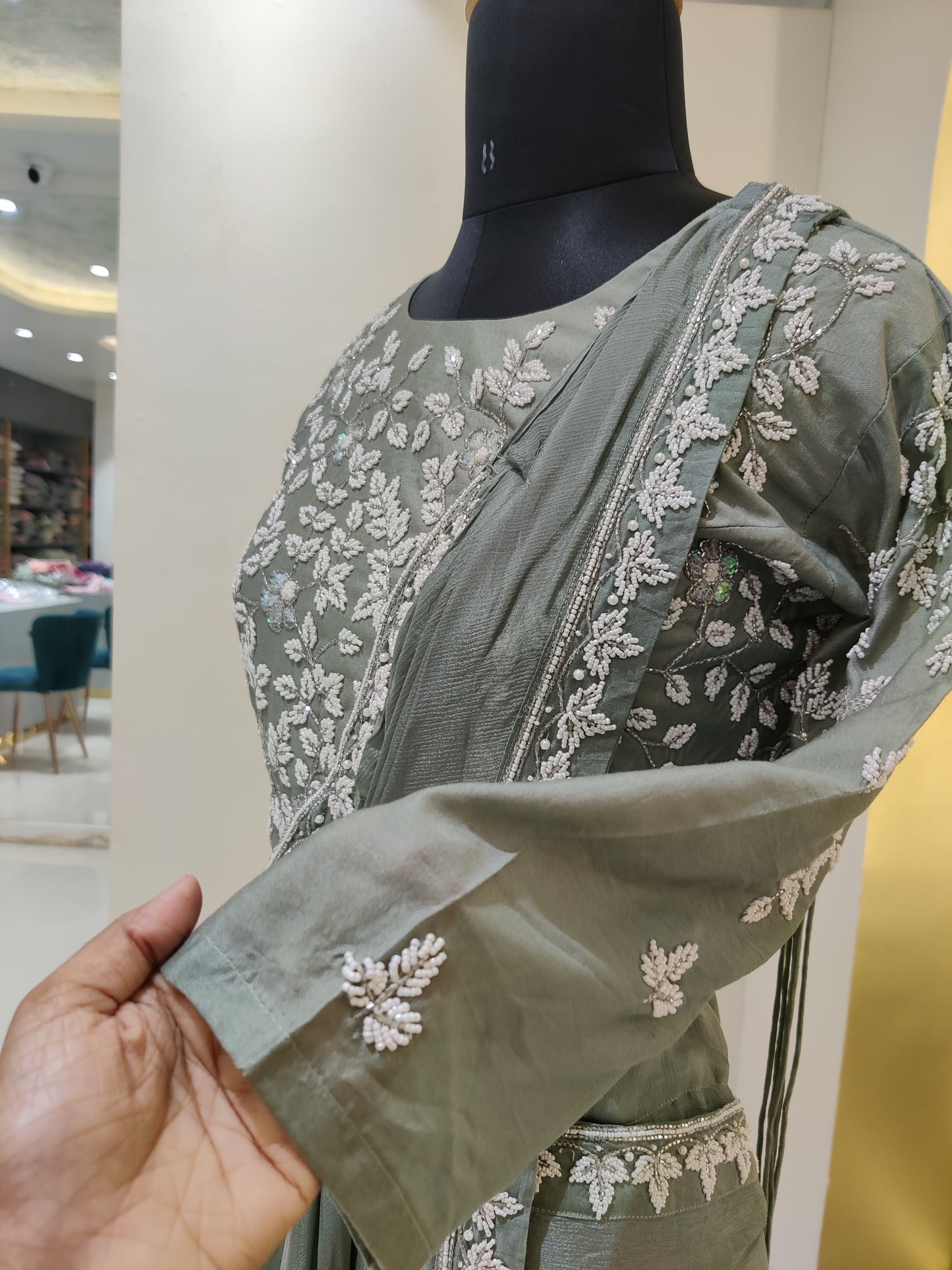 Drape style saree with pearl work
