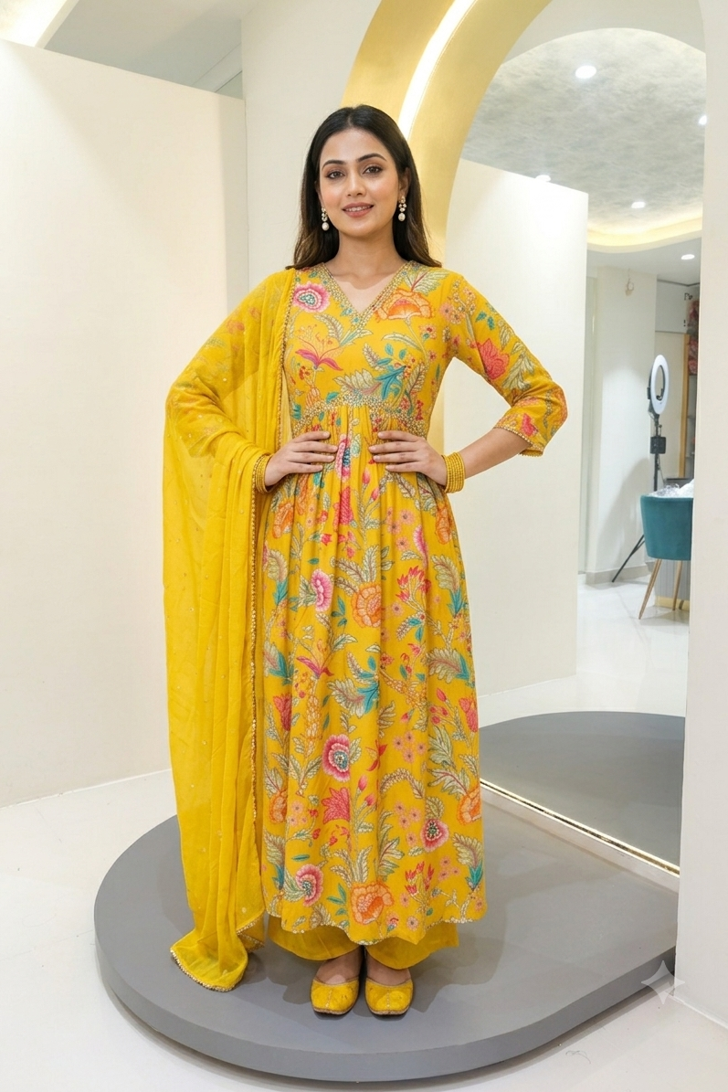 Muslin Alia style suit - yellow