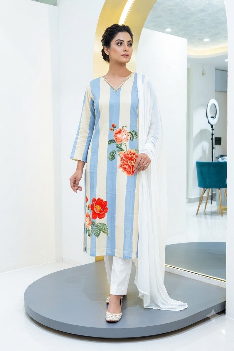 Natural crape suit hand work - sky