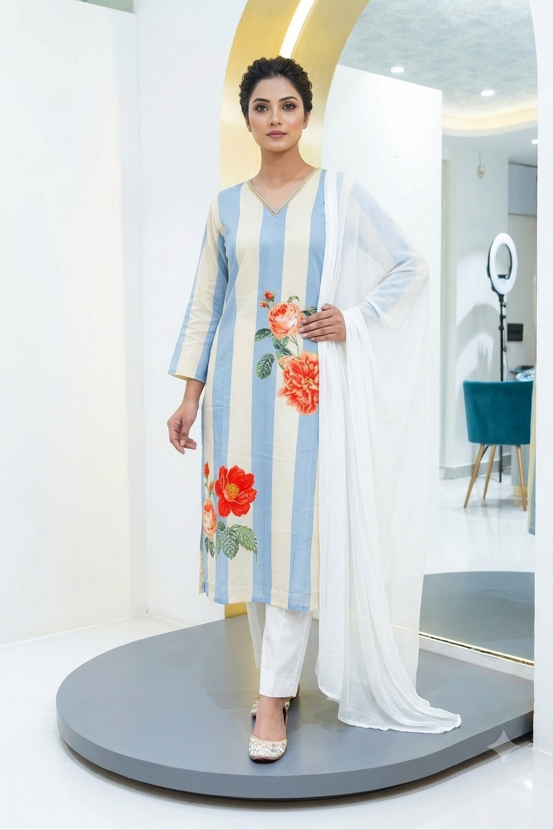 Natural crape suit hand work - sky