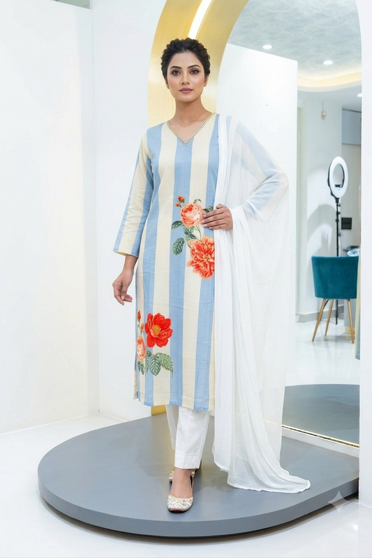 Natural crape suit hand work - sky