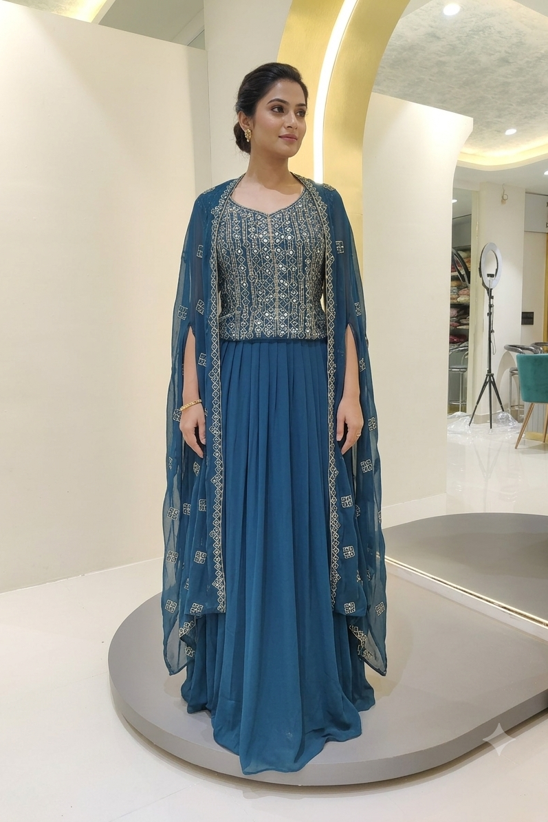 Mirror work top with cape indo western