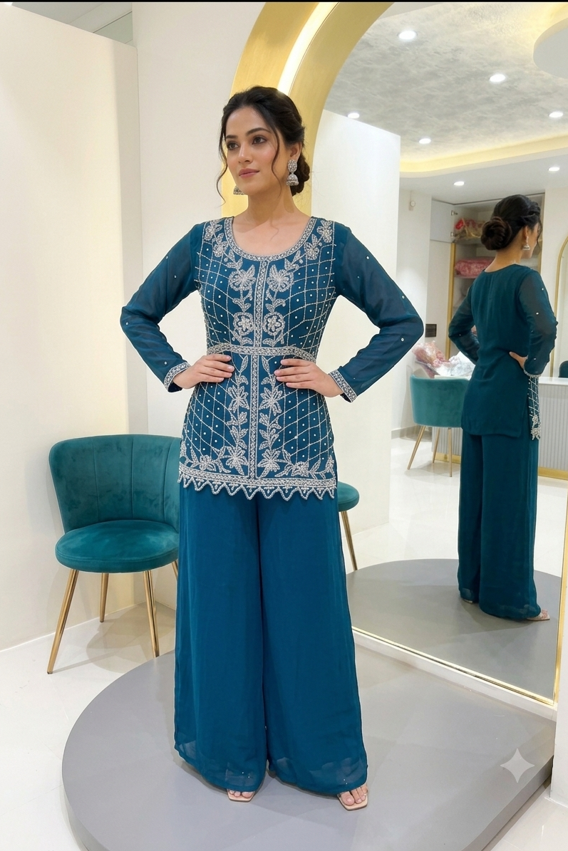 Embellished long top with pant