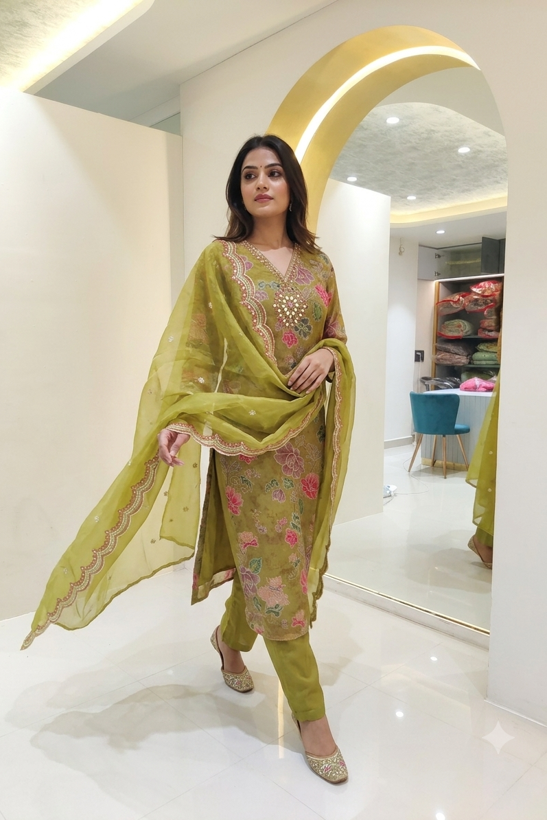 A woman models a three-piece olive green salwar kameez suit with floral embroidery and a matching dupatta in a modern, brightly lit showroom.
