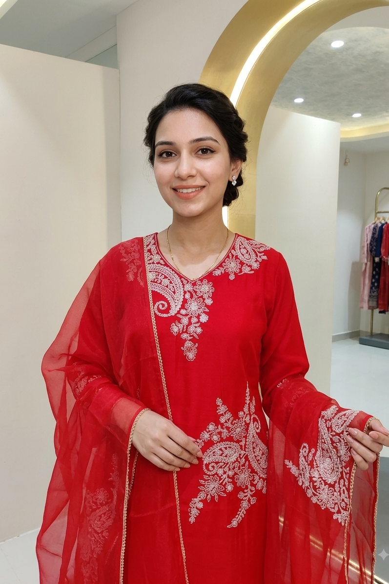 Roman silk Pakistani kurta set-Red