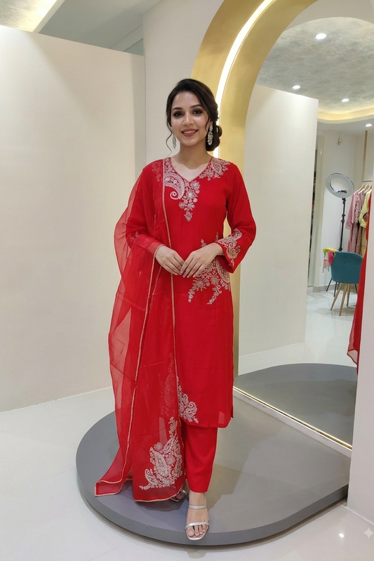 Roman silk Pakistani kurta set-Red