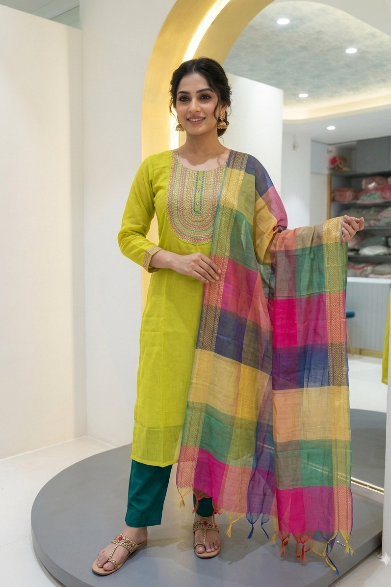 Chenderi suit with zari detalis - lemon Yellow