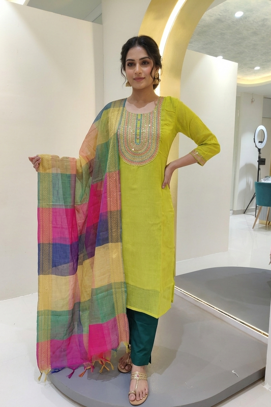 Chenderi suit with zari detalis - lemon Yellow