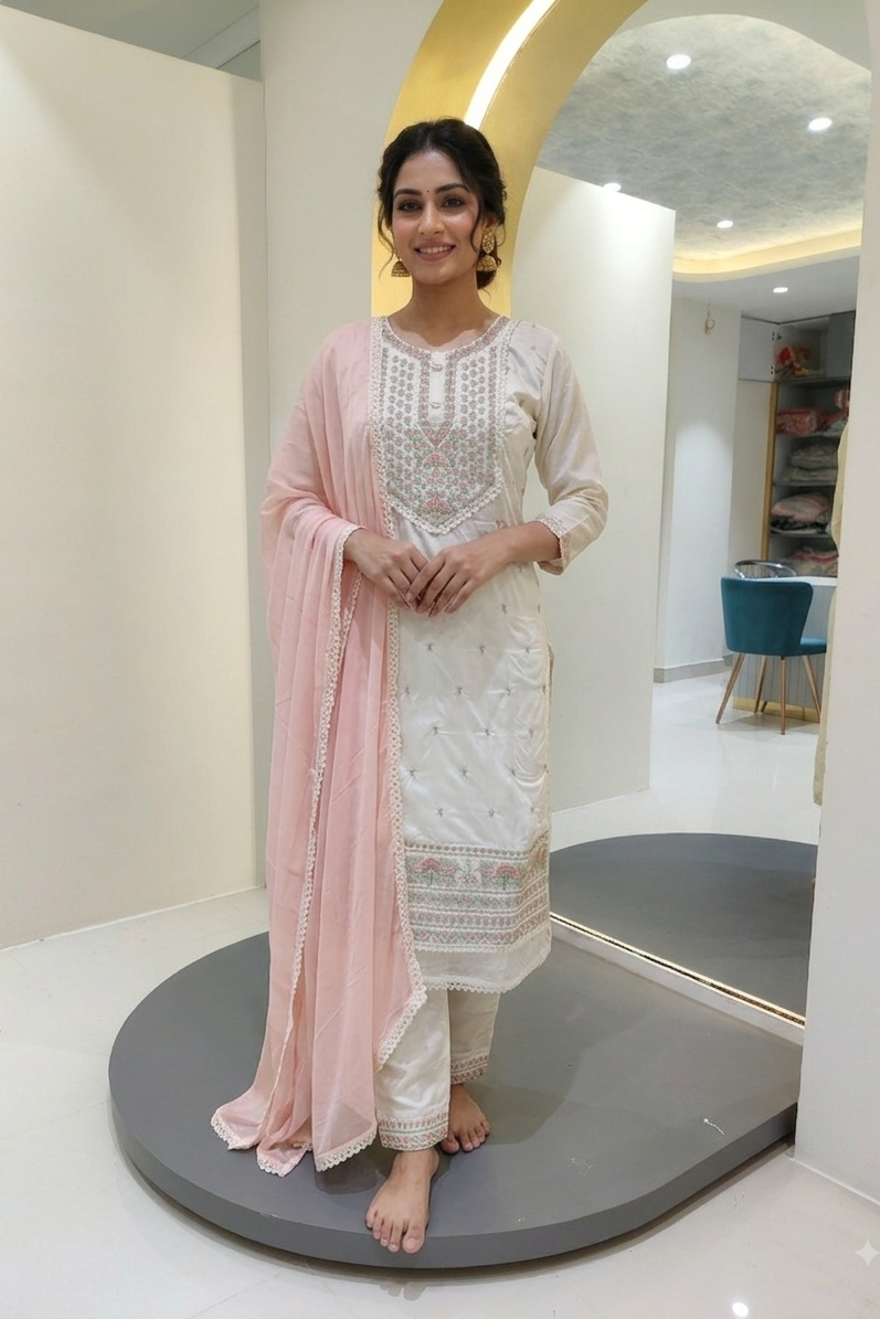 Chenderi silk with thread work - Off White