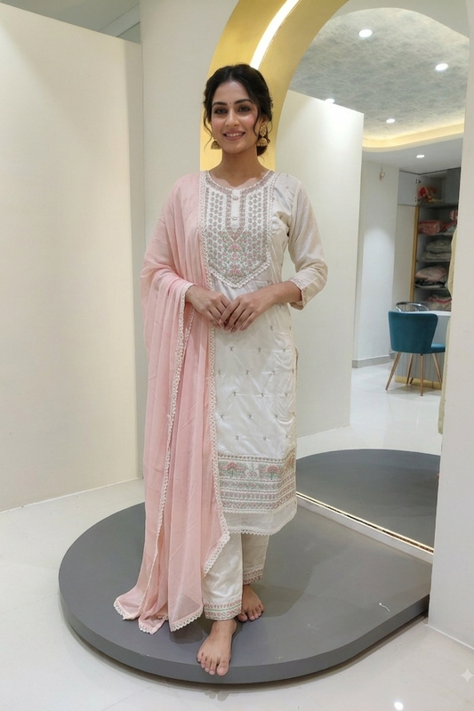 Chenderi silk with thread work - Off White