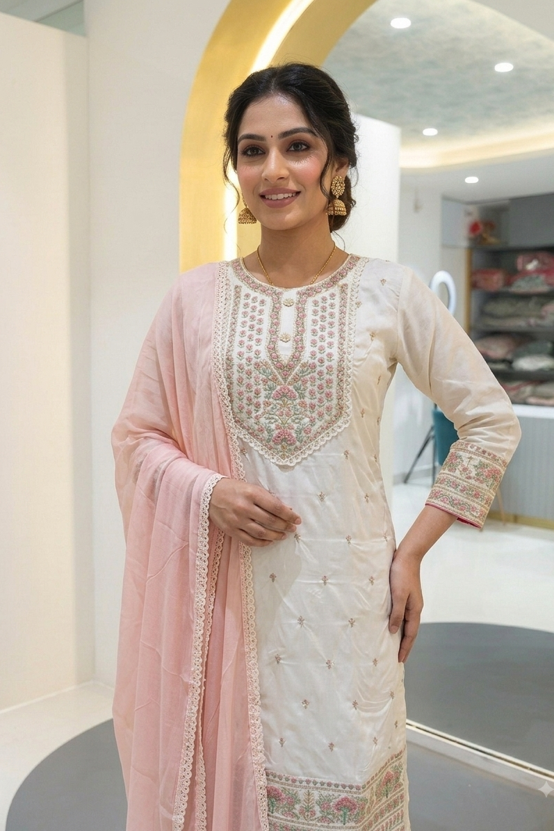 Chenderi silk with thread work - Off White