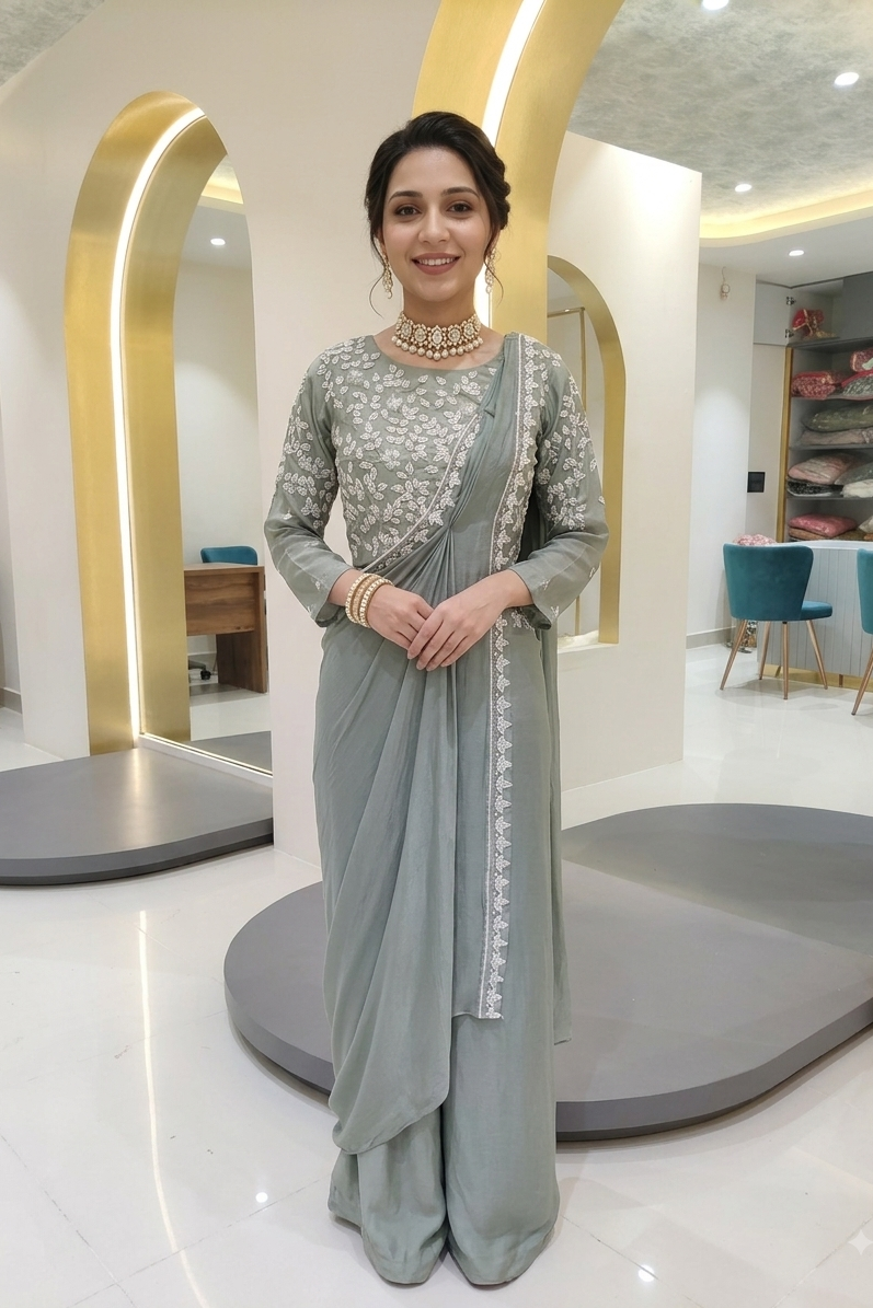 Drape style saree with pearl work