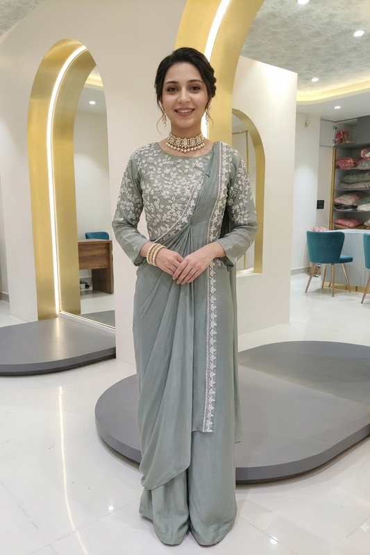 Drape style saree with pearl work