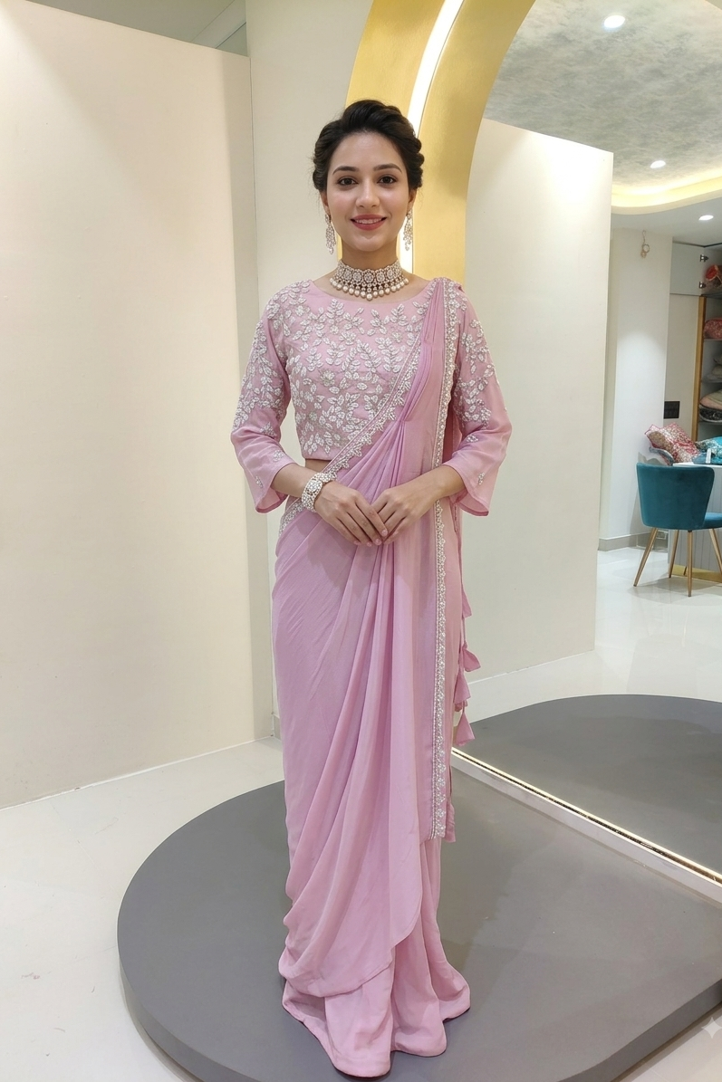 Drape style saree with pearl work