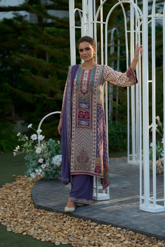 Position printed A line kurta set- violet