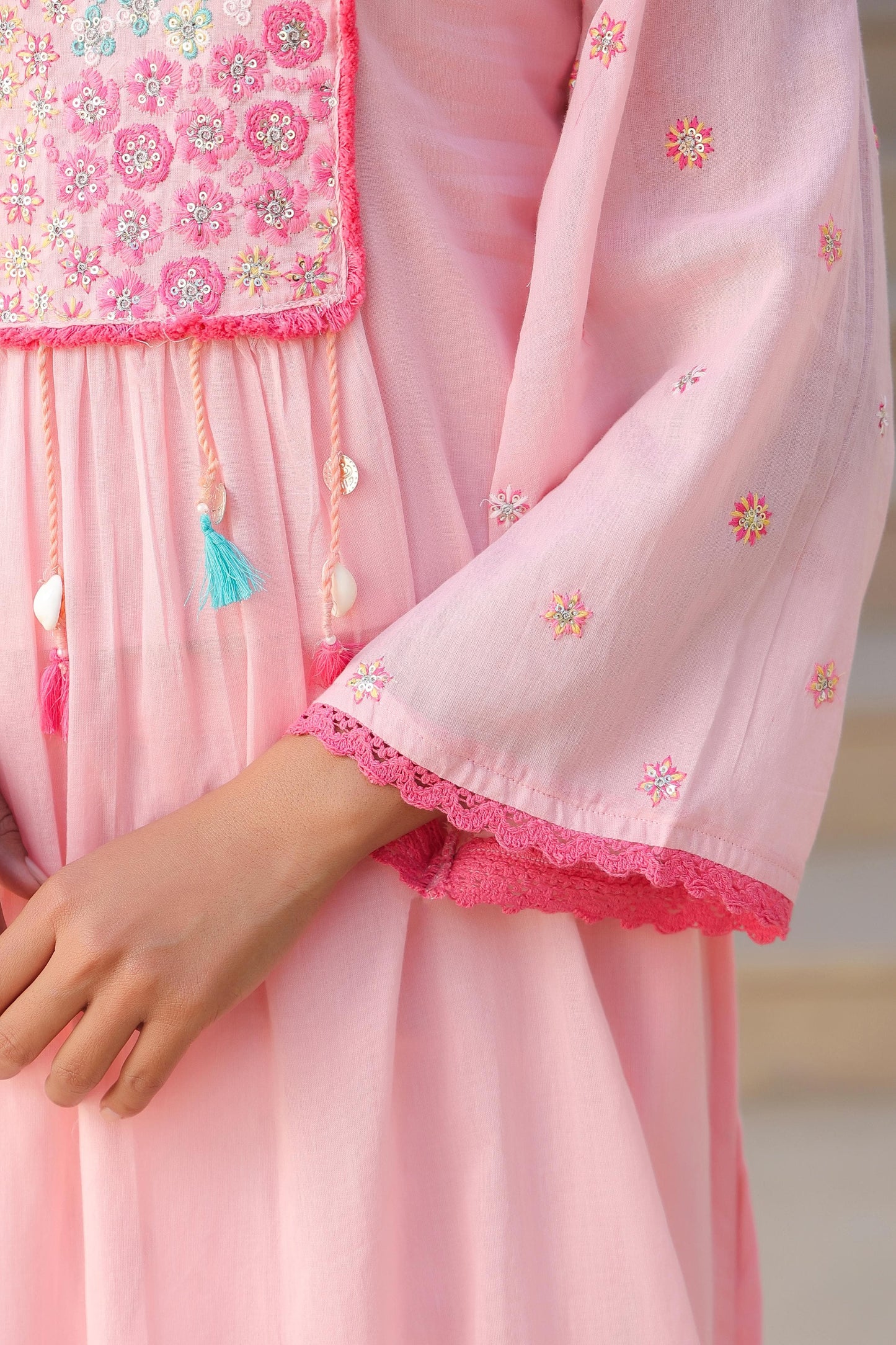 Pure mul cotton with thread work-light pink