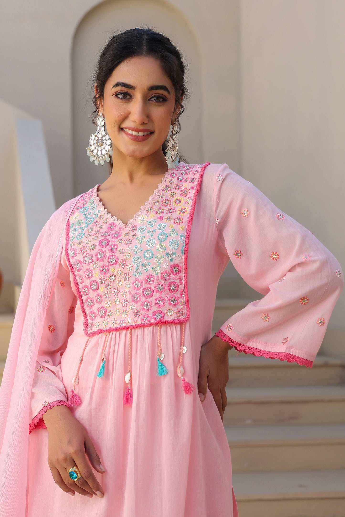 Pure mul cotton with thread work-light pink