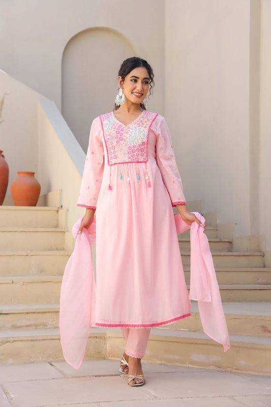 Pure mul cotton with thread work-light pink
