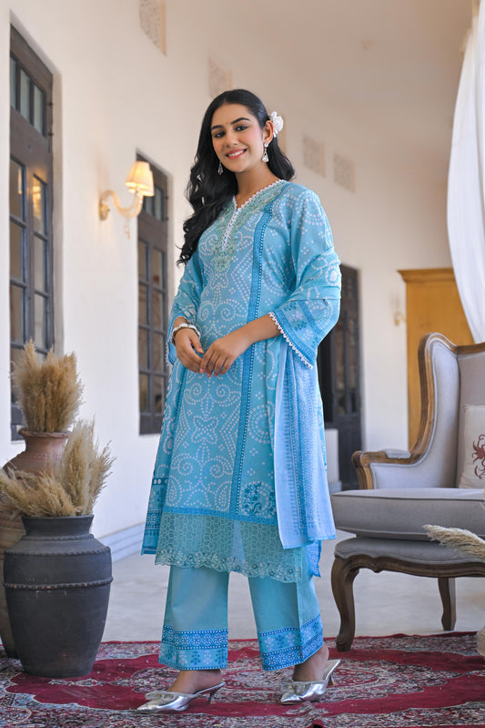 Cotton Kurta set with lace details light blue