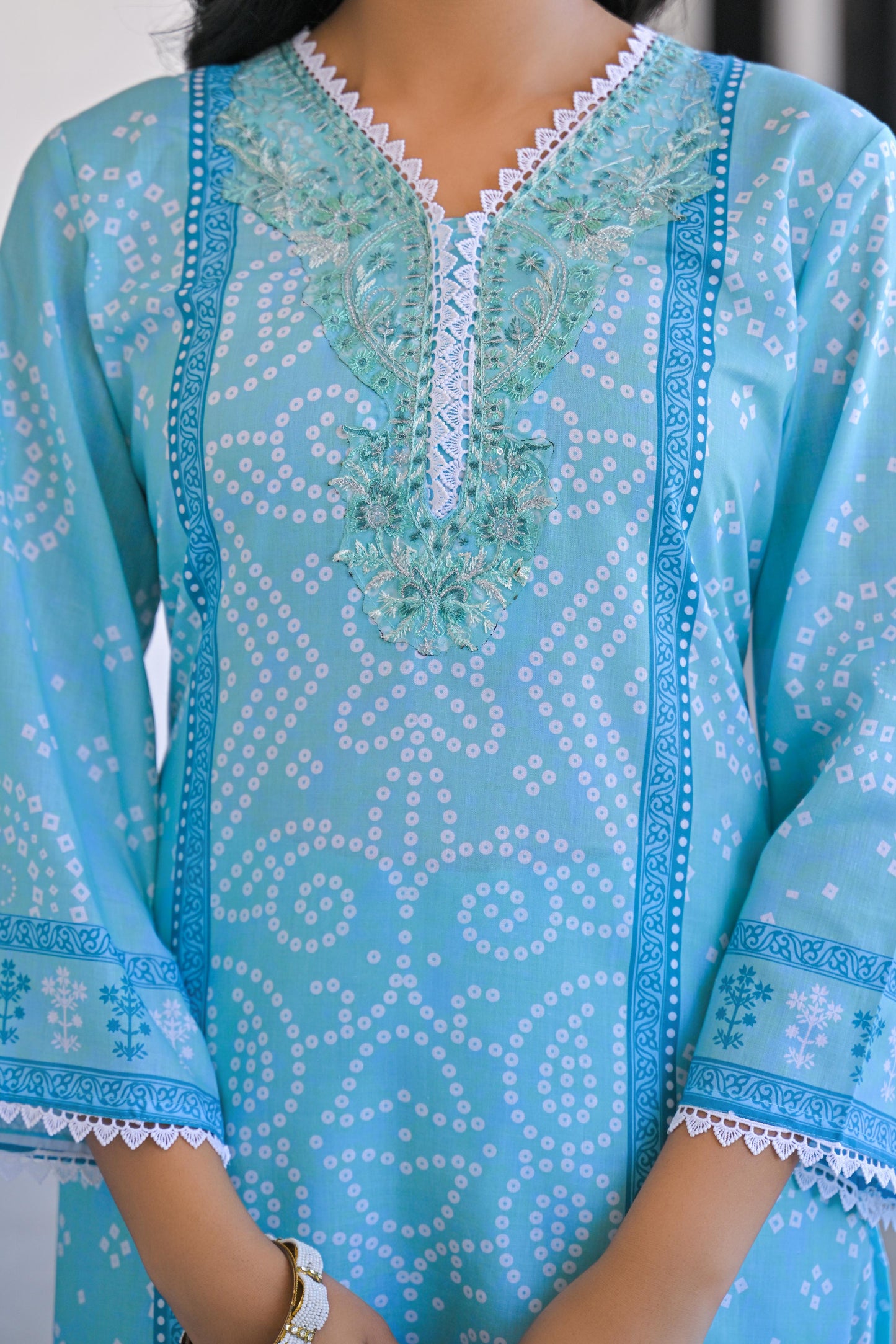 Cotton Kurta set with lace details light blue