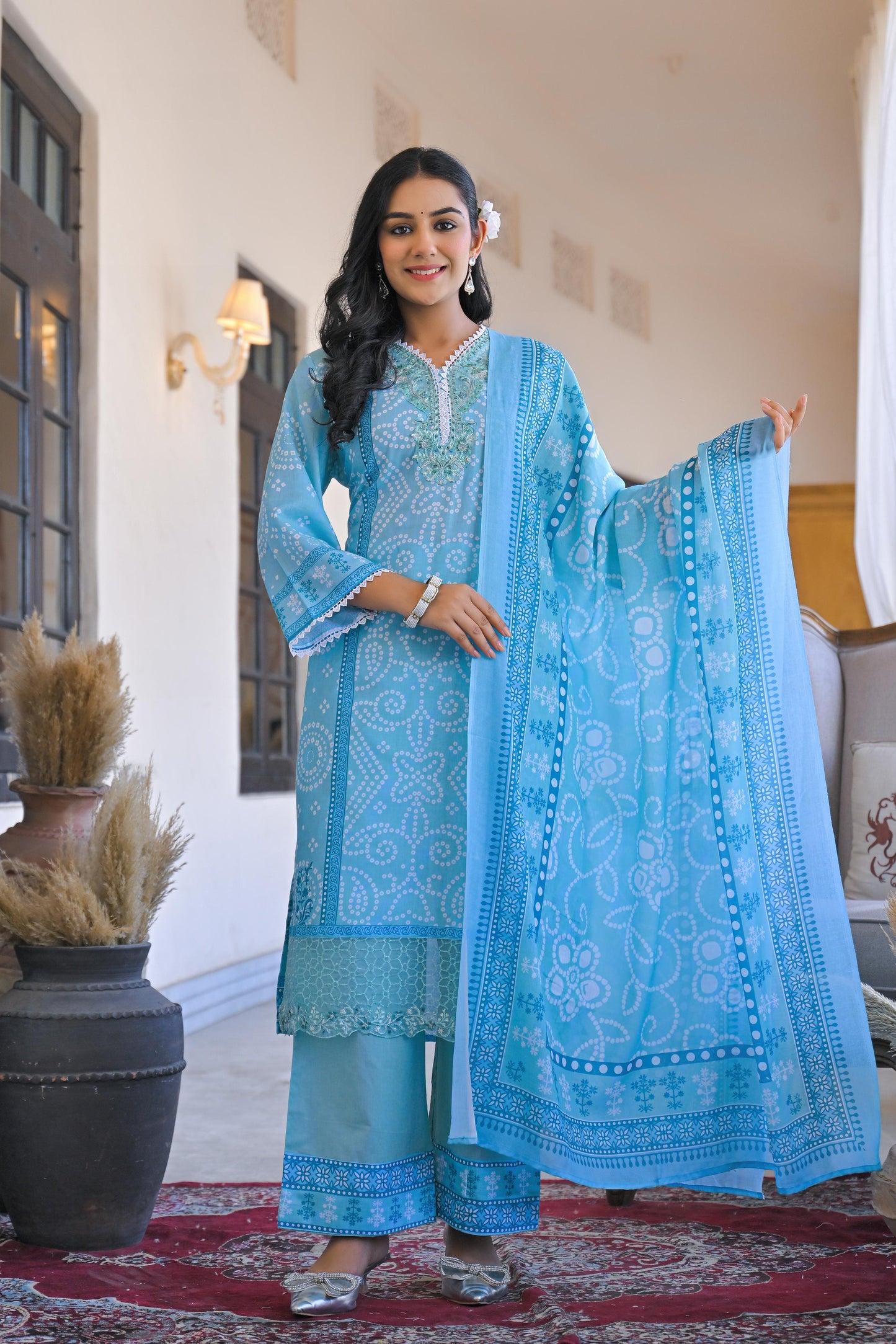 Cotton Kurta set with lace details light blue