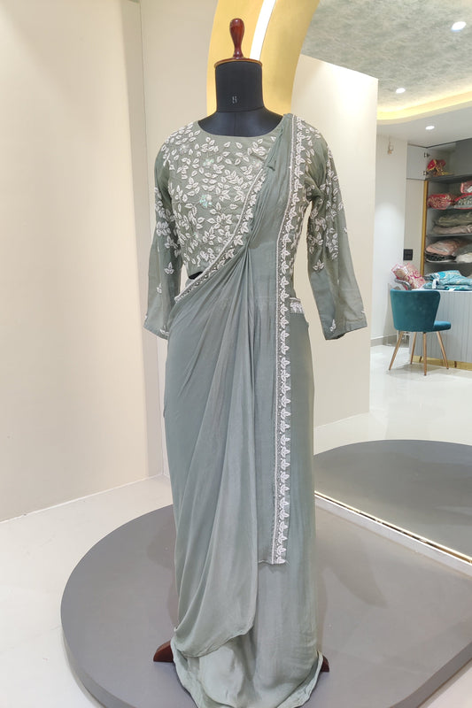 Drape style saree with pearl work