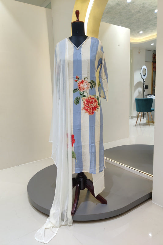 Natural crape suit hand work - sky