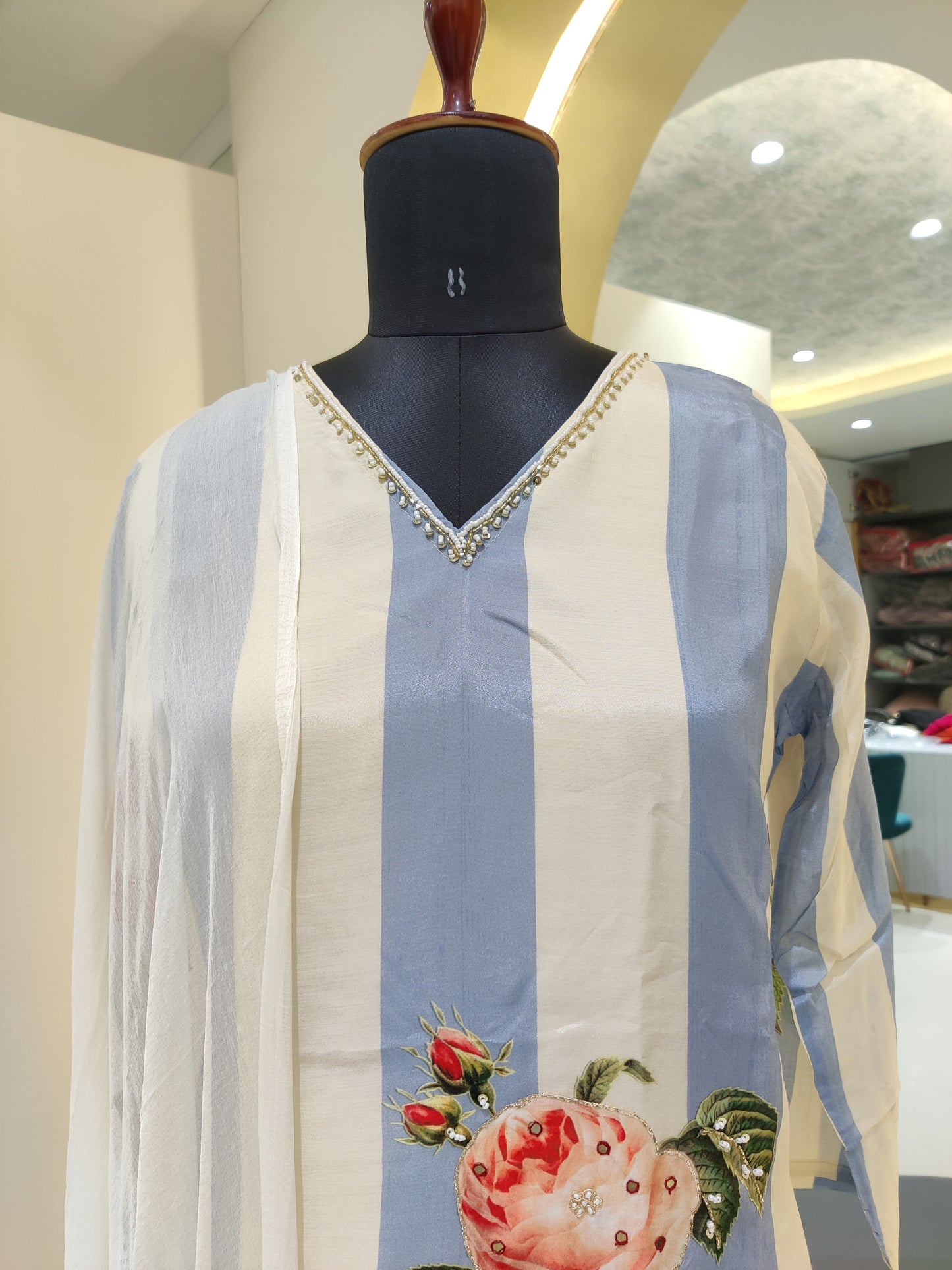 Natural crape suit hand work - sky