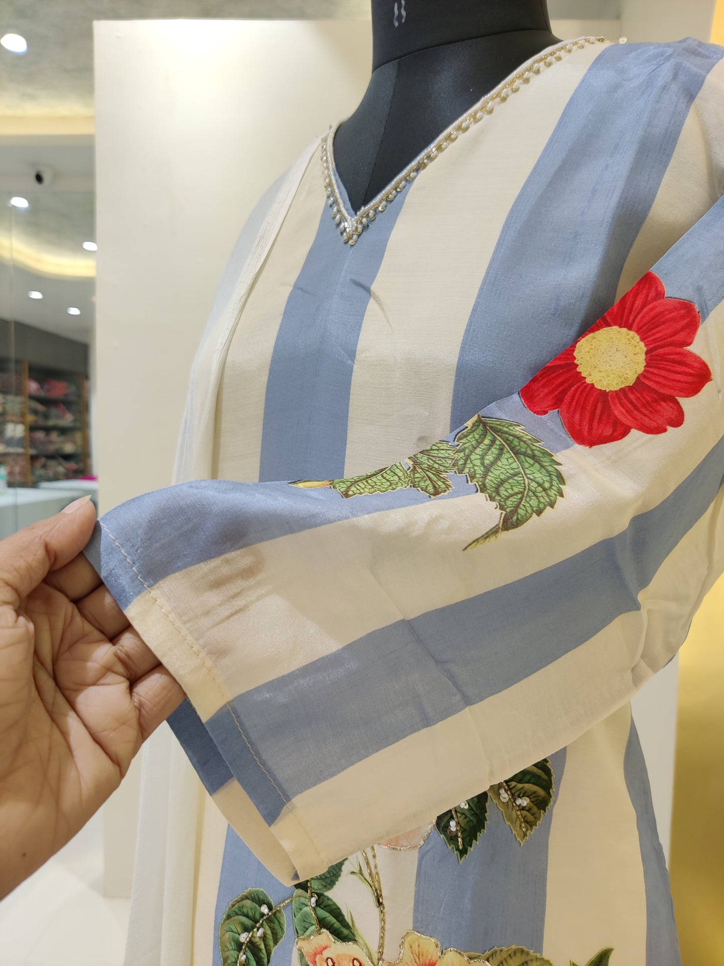 Natural crape suit hand work - sky
