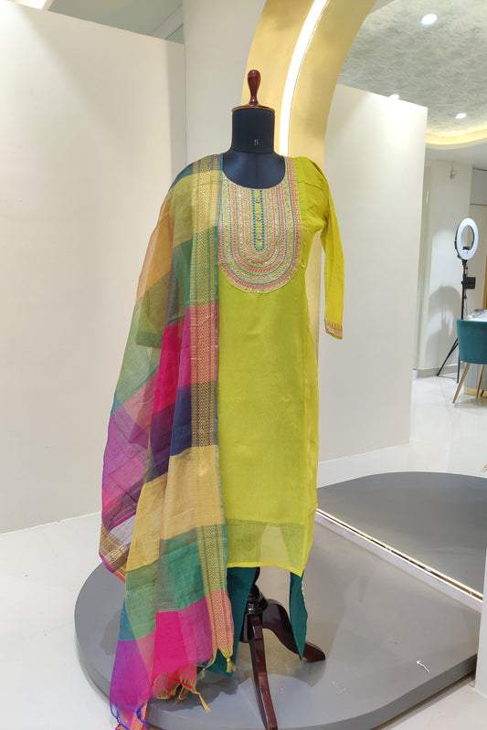 Chenderi suit with zari detalis - lemon Yellow