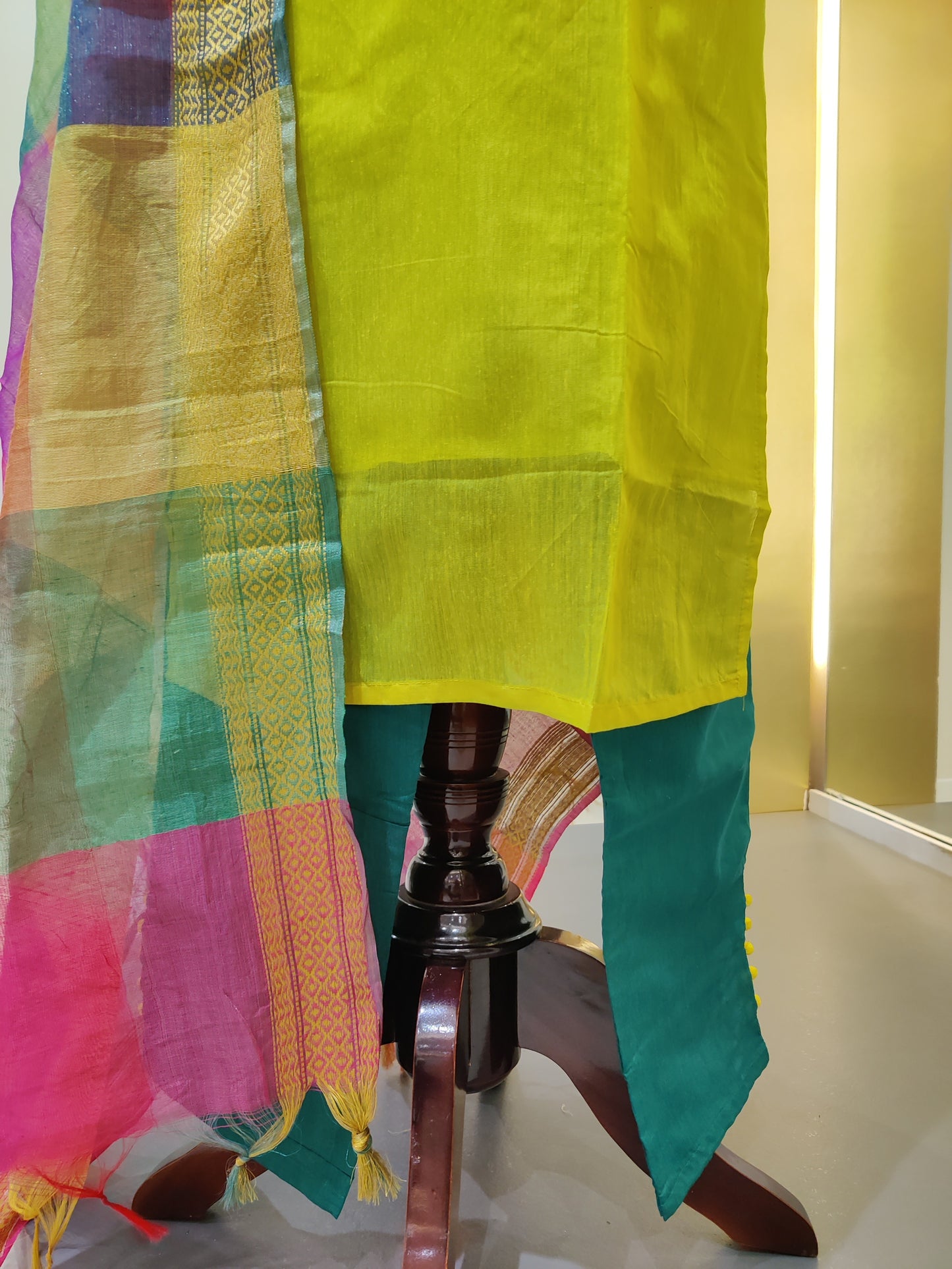 Chenderi suit with zari detalis - lemon Yellow