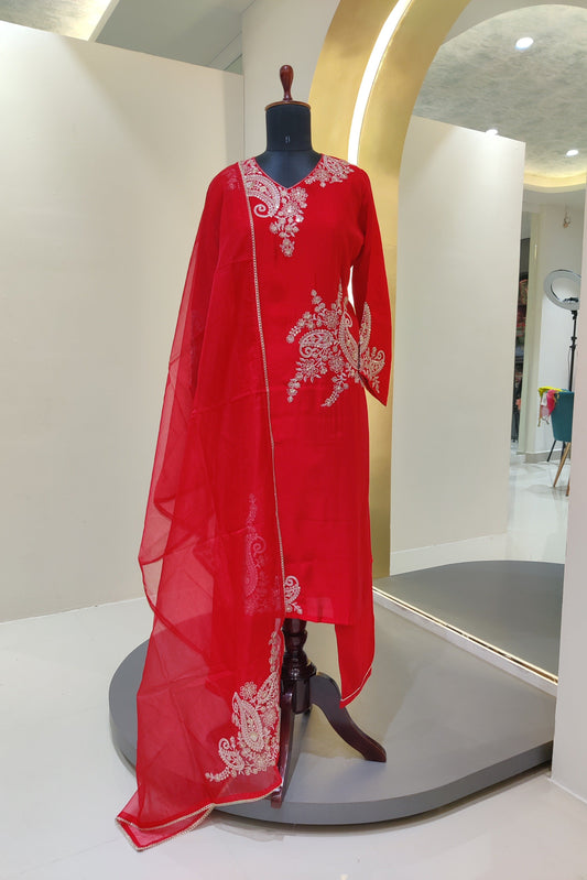 Roman silk Pakistani kurta set-Red