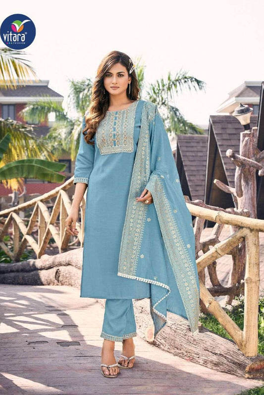 Silk suit with printed dupatta